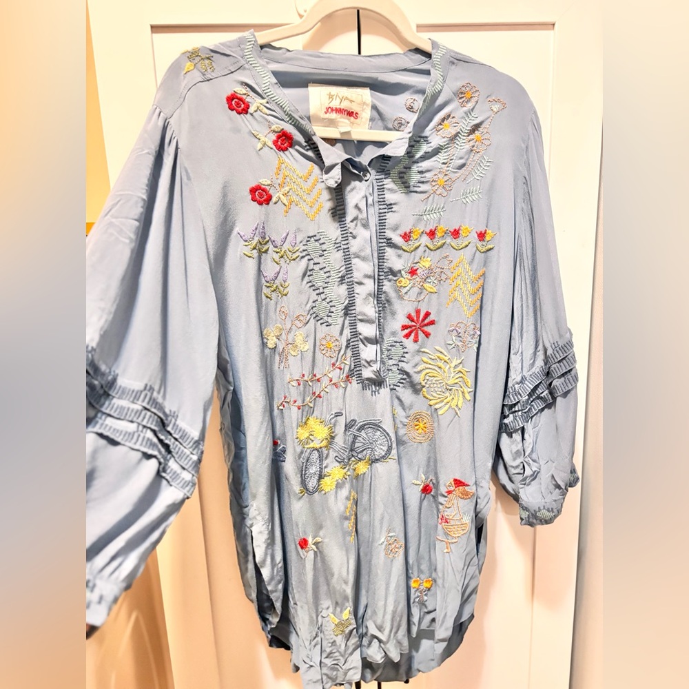 Johnny Was Light Blue Embroidered Blouse